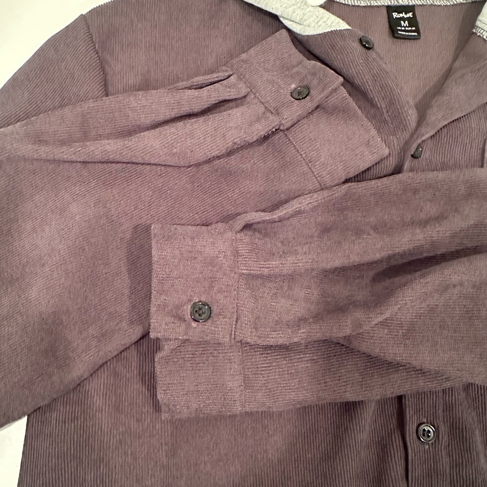 ROMWE Men’s Grey Corduroy Button-Up Hooded Shirt Fall Layer Sz M - Picture 7 of 7
